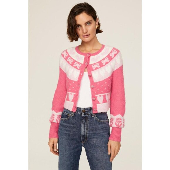 LoveShackFancy Dimples Crop Cardigan Dainty Cute Jacquared Pink Hearts Ribbons M - Picture 7 of 13